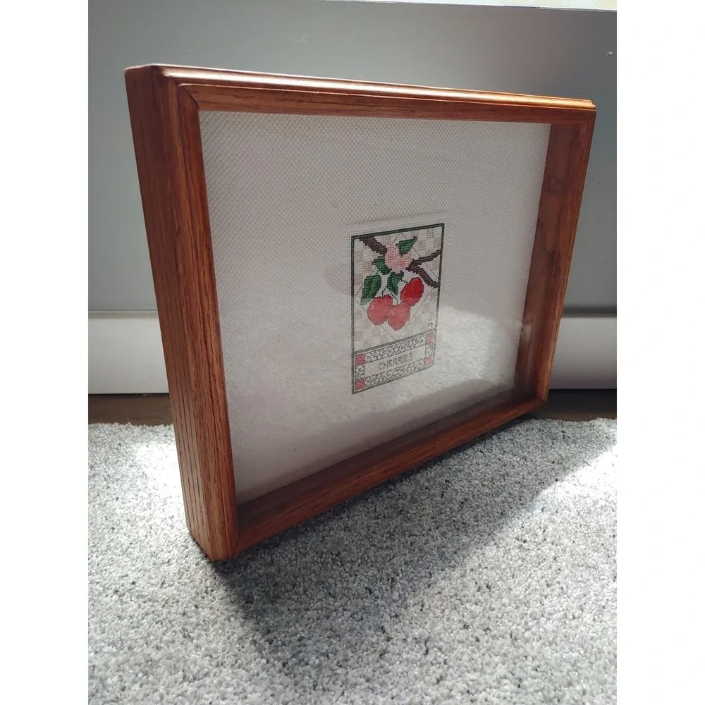 Vintage Cross Stitch Cherries Wood Framed Shadow Box Decorative Country Cottage
